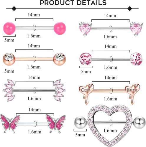Vista 2 de Besteel 8 Pairs Nipple Rings 14G Stainless Steel Nipplerings CZ Heart Butterfly Ball Tongue Barbell Rings Retainer Body Piercing Jewelry for Women