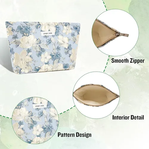 Vista 4 de Bolsas de cosméticos de flores para mujeres, bolsa de maquillaje suave y grande para niñas, bolsa organizadora de viaje de maquillaje estético