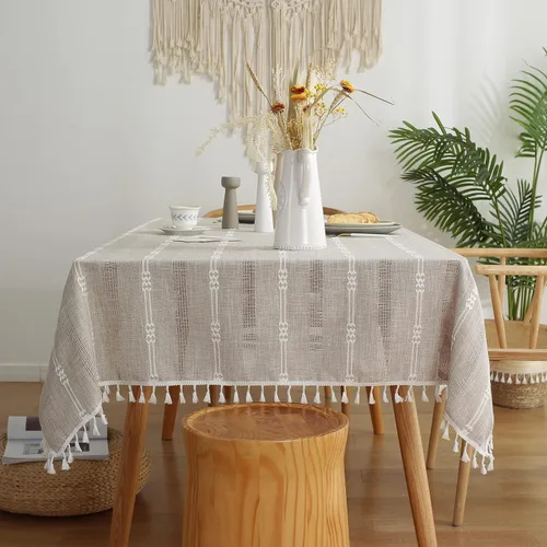 Vista 8 de Gernaice Mantel bordado de rayas rústicas con borlas cuadradas y pequeñas de algodón y lino, sin arrugas, lavable, para mesita de noche, café, Marrón