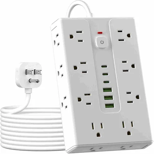 Vista 7 de Protector de sobretensiones de placa de alimentación con 16 enchufes, equipado con 3 puertos USB A y 3 puertos USB C, adecuado para varios