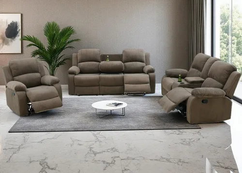 Vista 31 de Juego de Muebles para Sala de Estar, Juego de Sofá Reclinable Manual, Juegos de Sofás Reclinables de Cuero Beige con Mesa Desplegable, Sofá