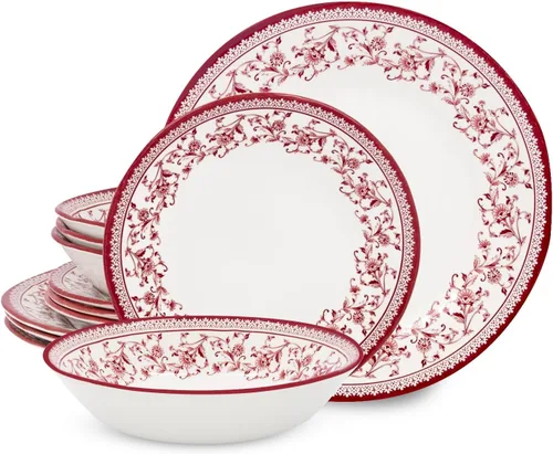 Vista 22 de TUDOR ROYAL - Juego de vajilla redonda de porcelana de 12 piezas, servicio para 4, diseño azul aster, multicolor floral, platos, tazones, tazas