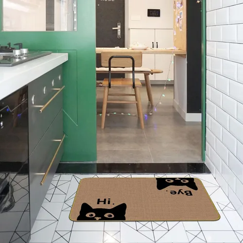 Vista 4 de Mingnei Hi Bye Cat Welcome Felpudo – Tapete para puerta de entrada de cocina en el hogar, divertido tapete negro para amantes de los gatos