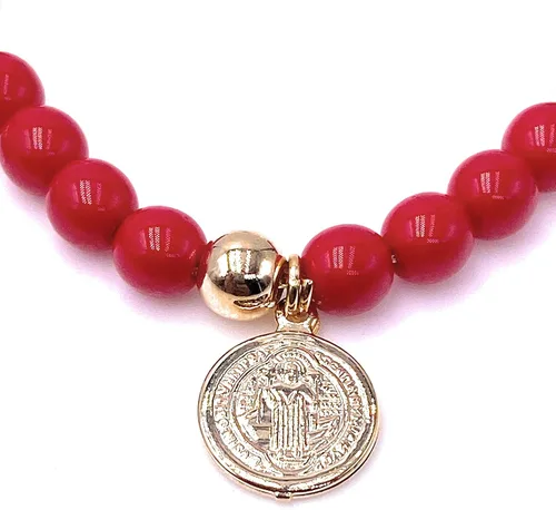 Vista 2 de Pulsera de cuentas de cristal rojo de San Benito con azabache auténtico y azul con protección contra el mal de ojo, M, Vidrio