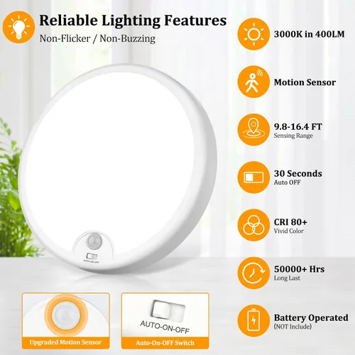 Vista 4 de Paquete de 2 luces de techo LED con sensor de movimiento operadas por batería para interiores, lámpara de montaje empotrado inalámbrica regulable