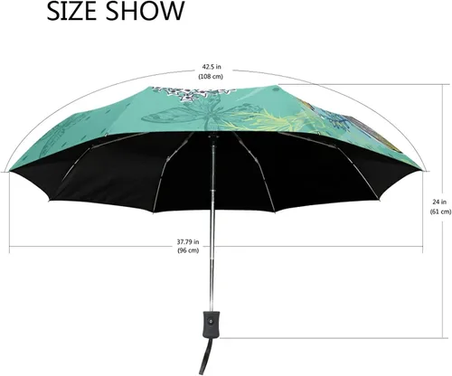 Vista 3 de Paraguas plegable con apertura automática, compacto, para lluvia, estilo vintage, retro, pájaro, floral, azul, para mujeres, hombres, niños, viajes