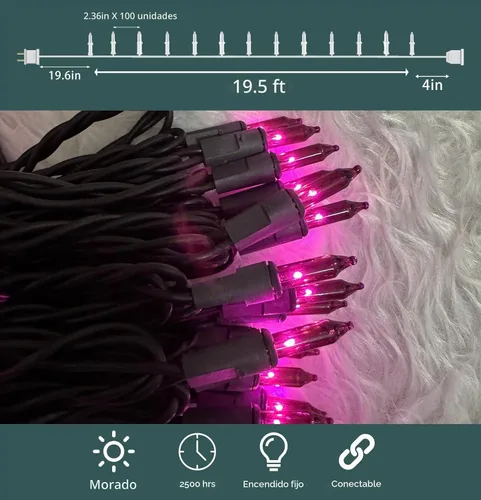 Vista 2 de HISHINY Luces de Halloween moradas, 100 unidades, cadena de luces incandescentes con cable negro, decoraciones ideales de Halloween para exteriores