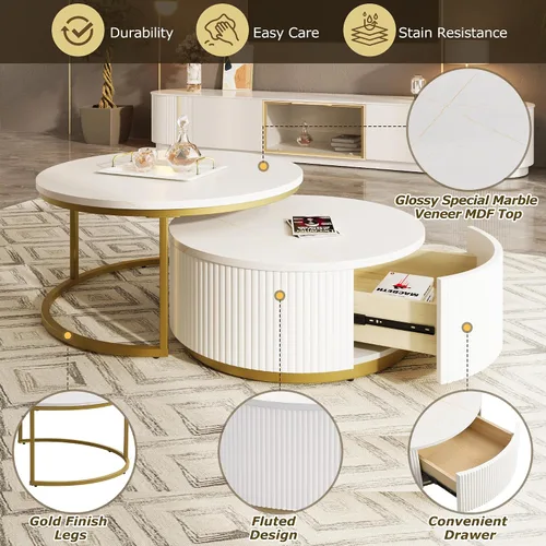 Vista 7 de Moderna mesa de centro redonda anidable acanalada con cajón en blanco y dorado en 27.6 pulgadas