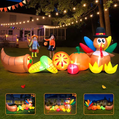 Vista 3 de KOOY Decoraciones inflables de Acción de Gracias de 10 pies, pavo y verduras de maíz con luces LED para otoño, feliz festival de Acción de Gracias