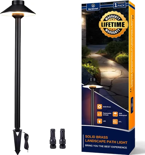 Vista 21 de Gardenreet Luces de camino de latón para exteriores, iluminación de camino de paisaje de bajo voltaje con cable, luz LED de pasarela de 12 V
