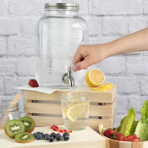 Vista 5 de Dispensador de bebidas de vidrio de 2 galones con infusores de hielo y frutas, espita de acero inoxidable y tapa de metal, dispensador de bebidas