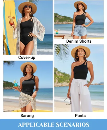 Vista 7 de Women's One Shoulder One Piece Tummy Control Swimsuit Full Coverage Diseño de ojo de cerradura, ajuste de cobertura completa, estilo modesto Negro