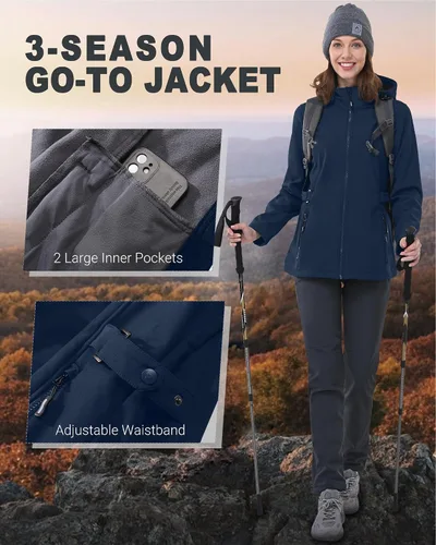 Vista 4 de Outdoor Ventures Chaqueta Softshell para mujer con capucha extraíble, cortavientos aislada, abrigo impermeable con forro polar cálido