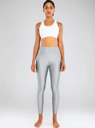 Vista 2 de Sghenr Pantalones de yoga de cintura alta para mujer, con control de abdomen, mallas deportivas brillantes para entrenamiento