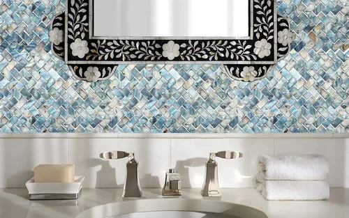 Vista 6 de MOP Mosaico de Azulejo de Concha de Nácar en Espiga para Salpicadero, se usan para Salpicaderos de Cocina y Azulejos de Pared de Baño, Azul Oscuro 1
