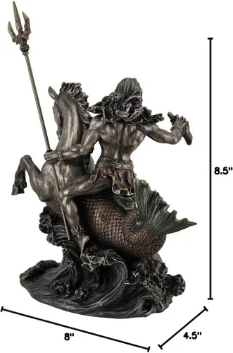 Vista 5 de Zeckos Poseidón griego Dios del mar sosteniendo Tridente en hipocampo Estatua de mesa de metal marrón oscuro/negro