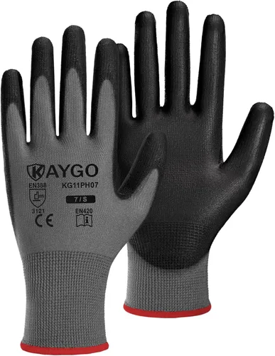Vista 95 de KAYGO KG11PB - Guantes de trabajo de seguridad con revestimiento de poliuretano, 12 pares de guantes de punto sin costuras para hombres y mujeres