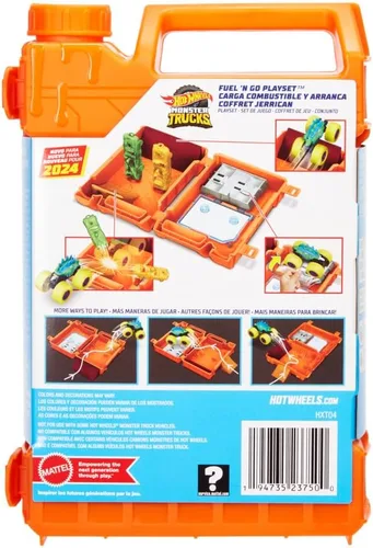 Vista 6 de Hot Wheels Monster Trucks Repostaje y pista de arranque para automóviles de juguete con bote de gas, incluye 2 vehículos, 4 años (HXT04)