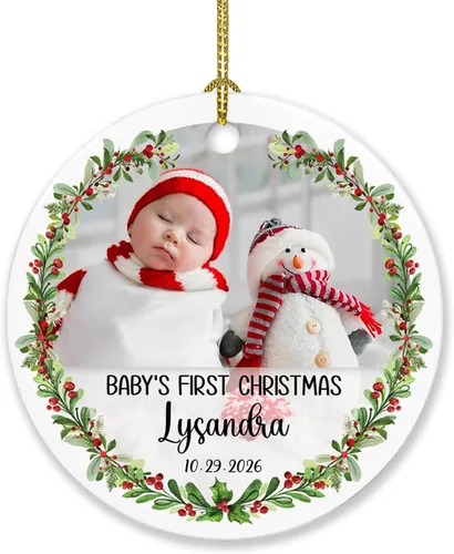 Vista 22 de Adorno de Navidad de la segunda Navidad del bebé 2026, marco de fotos de corona, adorno de segunda Navidad para papá, mamá, nombre de bebé
