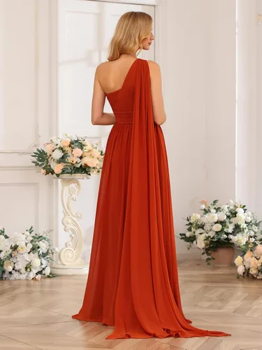 Vista 2 de Clothfun Vestidos de fiesta de un hombro para mujer, con bolsillos, abertura larga, acampanados, plisados, de gasa, vestidos de noche formales