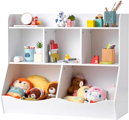 Vista 11 de VEVOR Estantería de madera para niños de 4 niveles, organizador de almacenamiento de juguetes para niños pequeños, estante de libros