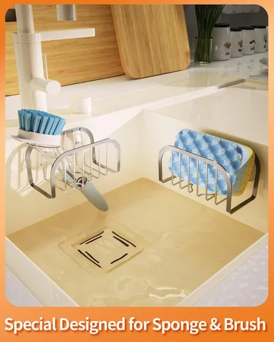 Vista 3 de SWTYMIKI Soporte de esponja para fregadero de cocina, soporte de esponja de fregadero móvil con ventosas de acero inoxidable para fregadero de acero