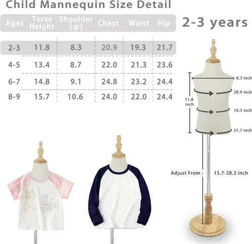 Vista 2 de Maniquí infantil para exhibición de ropa, torso de maniquí ajustable para niños con base de madera, 2-3 años 15" - 28" Height Adjustable, Beige