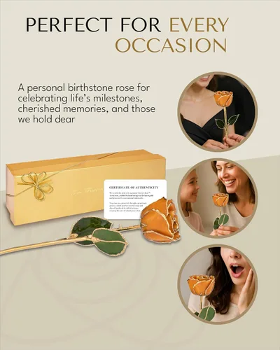 Vista 5 de Forever Rose Bañada a mano en oro de 24 quilates, piedra natal de noviembre inspirada en topacio dorado con destellos, rosa real en caja de regalo