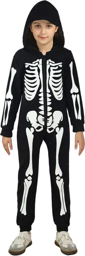 Vista 4 de Kids Skeleton Costume Glow in The Dark One-Piece Skeleton Hoodie for Halloween