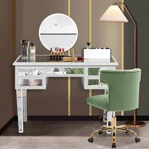 Vista 13 de SSLine Mesa de tocador de maquillaje con espejo, mesa auxiliar moderna para sofá, mesa auxiliar con espejo, mesa de tocador con 2 cajones, mesa