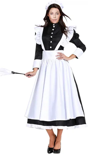 Vista 3 de Traje de sirvienta para cosplay de estilo británico, traje de ama de casa, traje francés, falda larga, vestido para adultos y mujeres