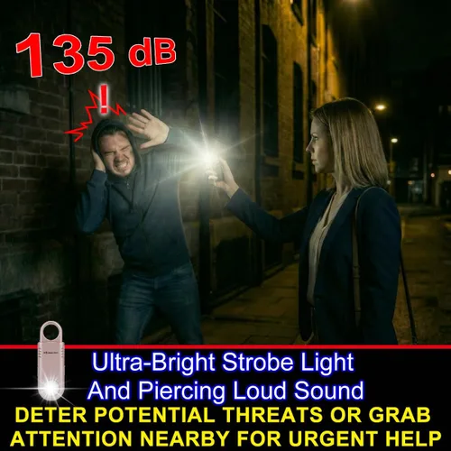 Vista 3 de 135dB recargable alarma de seguridad personal luz estroboscópica antideslizante agarre llavero sirena para mujeres estudiantes linterna senderismo