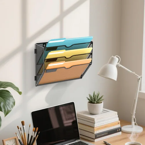 Vista 2 de SUPEASY Organizador de Archivos de Pared de Malla para Oficina, Soporte de Correo Colgante, Organizador de Pared para Revistas para Oficina Negro