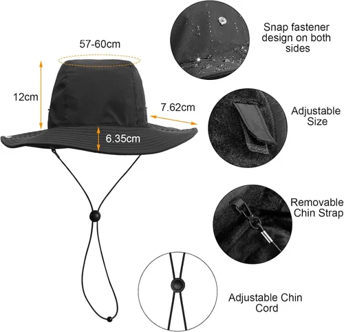 Vista 4 de Rain Hat for Women Waterproof Winter Bucket Hat Wide Brim Warm Fleece Lined Bucket Rain Hat UV Protection UPF 50+ Sun Hat Safari Hat for Fishing