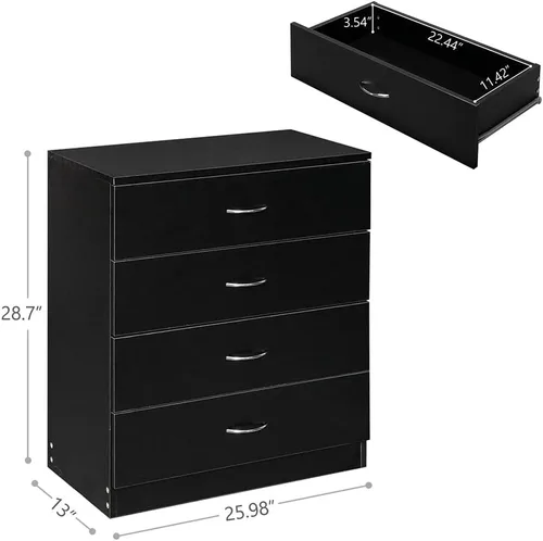 Vista 3 de Karl home Cómoda de 4 cajones, cómoda de almacenamiento moderna, mesita de noche de madera para dormitorio, sala de estar (negro)