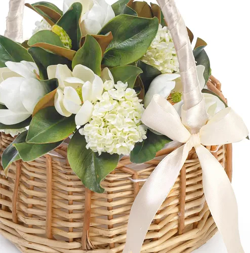 Vista 5 de Lyellfe Paquete de 2 canastas de mimbre hechas a mano con cinta de seda con asa, cesta decorativa para huevos y dulces para regalos, bodas