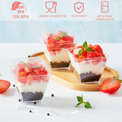 Vista 6 de Mini tazas de postre de 2 onzas con tapas y cucharas, paquete de 100 vasos de plástico para postres pequeños vasos cuadrados para servir fiestas
