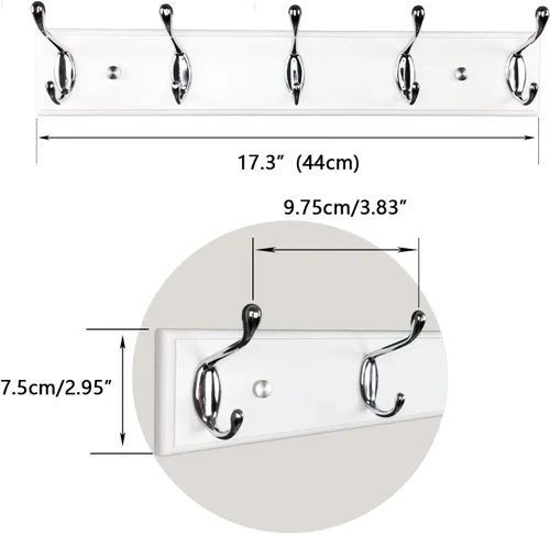 Vista 7 de Perchero de pared con 5 ganchos plateados de madera, 17.3’’, Ganchos resistentes para colgar ropa, sombrero, mochila, etc., Gran decoración moderna