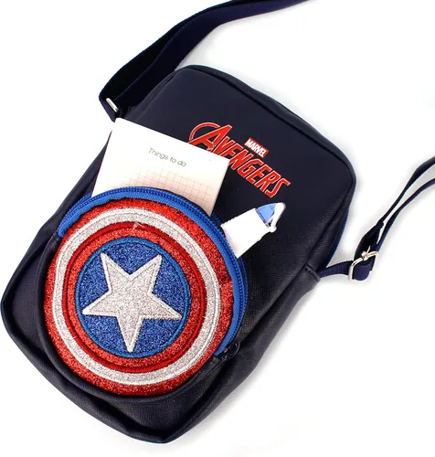 Vista 4 de Avengers Hero - Bolsa cruzada de piel sintética con bolsillo con cremallera y purpurina para niños y niños