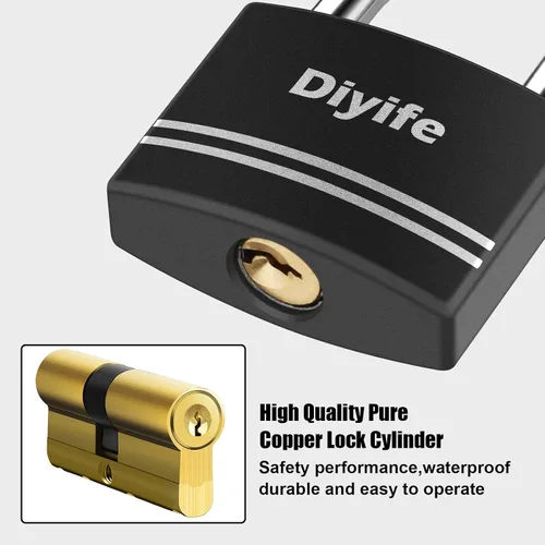 Vista 3 de Diyife [Versión mejorada] Candado de aluminio con llave - Candado de grillete largo impermeable con 2 llaves para escuela, casillero de gimnasio