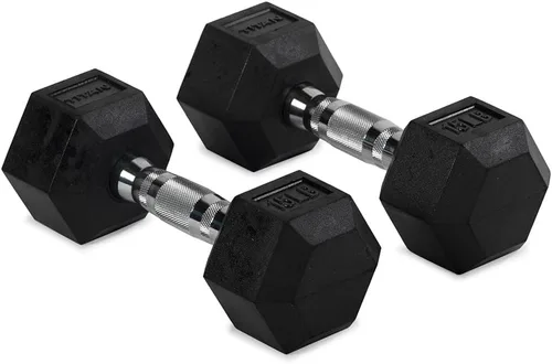 Vista 9 de Titan Fitness Pair Rubber Coated Hex Dumbbells, Roll-Resistant Hexagonal Free Weights, Chrome-Coated Handles with Knurling, Strength Training
