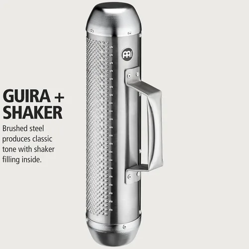 Vista 2 de Meinl Percussion Merengue Guira Shaker con raspador ABS, no fabricado en China, cuerpo y relleno de acero cepillado, 2 años de garantía (MGUS1)