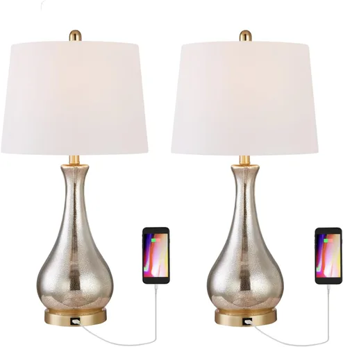 Vista 6 de Maxax Juego de 2 lámparas de mesa de cristal para sala de estar, lámparas de noche doradas de 26 pulgadas con puertos USB, lámparas de vidrio