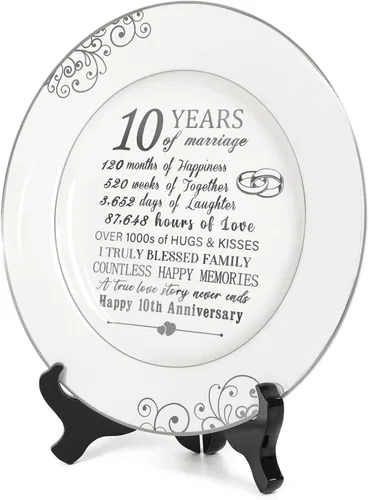 Vista 2 de Urllinz Plato del 10º Aniversario con Decoraciones de Lámina de Platino - Regalos de Estaño de Boda de 10 Años para Ella Parejas Esposa Él Marido