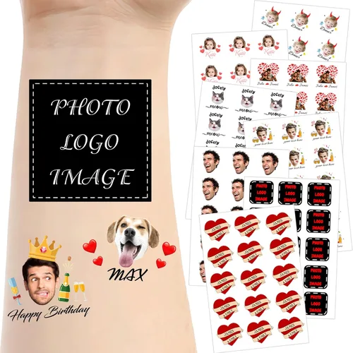 Vista 8 de Tatuajes temporales personalizados para la cara, tatuajes faciales personalizados con nombre de foto, logotipo, texto, calcomanía de tatuaje falsa
