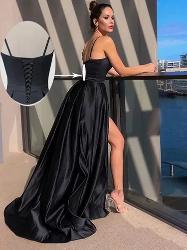 Vista 2 de Xjizu Vestido largo de satén con tirantes delgados para mujer, vestido de fiesta de noche con bolsillos