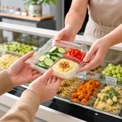 Vista 4 de Restaurantware - Contenedor de comida de 100 unidades de 6.8 x 5.5 x 1.5 pulgadas, 3 compartimentos de plástico con tapa con bisagras, contenedor a