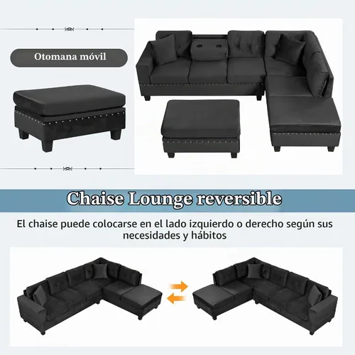 Vista 4 de P PURLOVE Sofá seccional con diván reversible y 2 almohadas (negro)