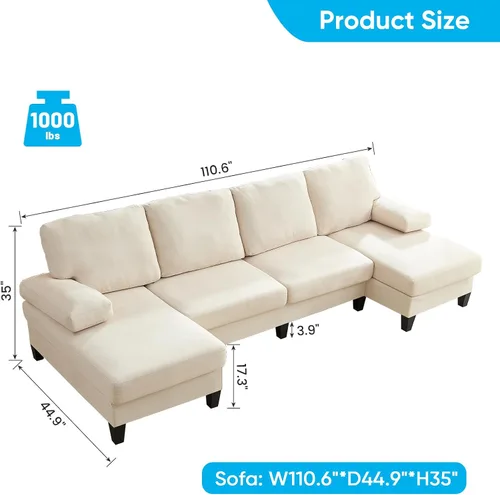 Vista 2 de Mjkone Sofá modular en forma de U de 110 pulgadas de ancho con tumbonas para sala de estar, sofá de nube con tela de terciopelo helado, juego