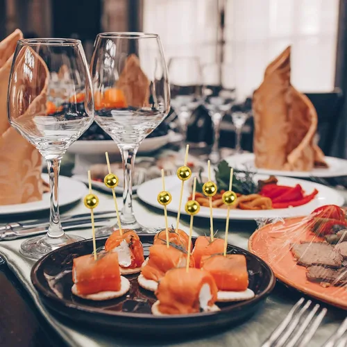 Vista 6 de 100 palillos de dientes elegantes para aperitivos, palillos de cóctel de perlas doradas de 4.7 pulgadas para bebidas, brochetas de bambú